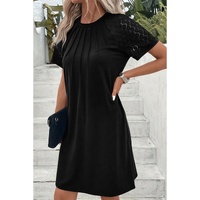 Black Contrast Lace Raglan Sleeve Pleated Detail Shift Dress - M thumbnail