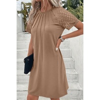 Light French Beige Contrast Lace Raglan Sleeve Pleated Detail Shift Dress - L thumbnail