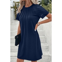 Navy Blue Contrast Lace Raglan Sleeve Pleated Detail Shift Dress - L thumbnail