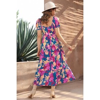 Dark Blue Square Neck Bubble Sleeve Ruffled Floral Dress - M thumbnail