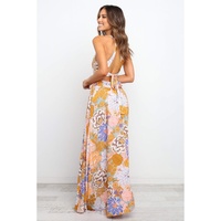 Orange Boho Floral Backless Lace up Sleeveless Maxi Dress - L thumbnail