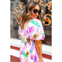 Purple Abstract Print Puff Sleeve Smocked Back Midi Dress - L thumbnail