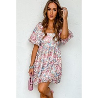 Pink Floral Puff Sleeve Square Neck Smock Ruffled Dress - L thumbnail