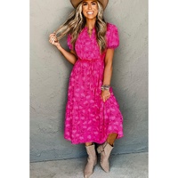 Rose Red Floral Print Pleated Drawstring Flowy Midi Dress - L thumbnail