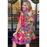 Rose Red Abstract Print Ruffle Sleeve Shift Dress - M thumbnail