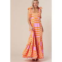Pink Boho Gingham Tied Straps Smocked Maxi Dress - XL thumbnail