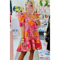 Pink Floral Bubble Sleeve V Neck Ruffled Mini Dress - L thumbnail