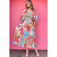 Rose Red Tropical Print Smocked Bodice Puff Sleeve Maxi Dress - XL thumbnail