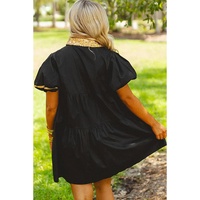 Black Glistening Easter Egg Sequin Trim Half Button Puff Sleeve Dress - M thumbnail
