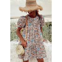 Apricot Bohemian Floral Print Short Puff Sleeve Mini Dress - L thumbnail