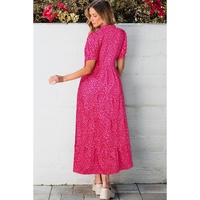 Rose Red Flower Mock Neck Puff Sleeve Tiered Maxi Dress - S thumbnail