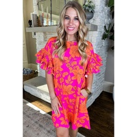 Pink Voluminous Ruffled Sleeve Floral Dress - L thumbnail