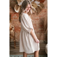 White Textured Ruffled Puff Sleeve Loose Dress - S thumbnail