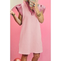 Light Pink Textured Puff Sleeve Ruffled V Neck Shift Mini Dress - L thumbnail