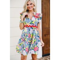 Sky Blue Floral Printed V Notched Ric Rac Flutter Sleeve Dress - M thumbnail