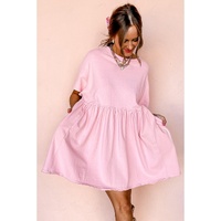 Light Pink Solid Color Pocketed Raw Edge Babydoll Dress - L thumbnail