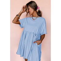 Sky Blue Solid Color Pocketed Raw Edge Babydoll Dress - L thumbnail