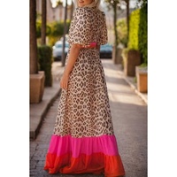 Bright Pink Leopard Colorblock Patchwork Bubble Sleeve Maxi Dress - S thumbnail