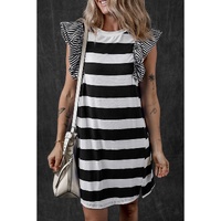 Black Stripe Contrast Ruffled Sleeve T-shirt Dress - S thumbnail