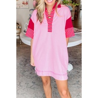 Pink Stripe Colorblock Patchwork Short Sleeve T Shirt Dress - L thumbnail