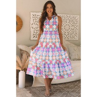 Sky Blue Floral Print Frilly Neck Sleeveless Tiered Maxi Dress - L thumbnail