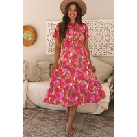 Rose Floral Short Sleeve Smocked Waist Maxi dress - L thumbnail