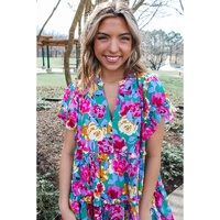 Green Rose Floral Print Ruffled Short Dress - M thumbnail