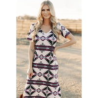 Beige Western Aztec Printed Long T-shirt Dress - L thumbnail