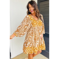Orange Bohemian Print Puff Sleeve Tied V Neck Flared Mini Dress - L thumbnail