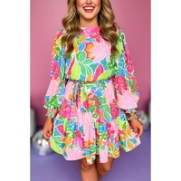 Green Multicolor Botanical Bubble Sleeve Mini Dress - M thumbnail