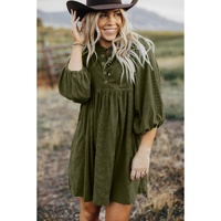 Vineyard Green Corduroy Snap Buttons Empire Waist Bracelet Sleeve Dress - M thumbnail
