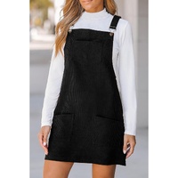 Black Solid Front Pockets Sleeveless Corduroy Overall Dress - M thumbnail