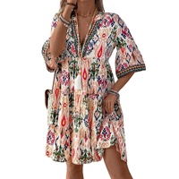 Multicolour Boho Print V Neck Bracelet Sleeve Mini Dress - S thumbnail