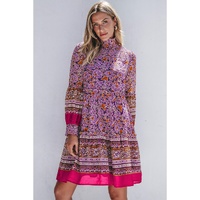 Purple Floral Smocked Puff Sleeve High Neck Mini Dress - S thumbnail