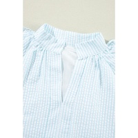 Myosotis Seersucker Ruffled Puff Sleeve Stand Neck Mini Dress - L thumbnail