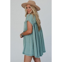 Canton Corded Knit Textured Patched Pocket Frilled Swing Mini Dress with Pockets - L thumbnail