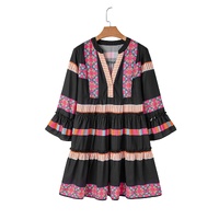 Black Ethnic Print Buttoned V Neck Bell Sleeve Ruffle Patchwork Dress - XL thumbnail
