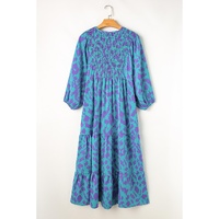 Sky Blue Abstract Print Puff Sleeve Tied Notched Neck Long Dress - M thumbnail