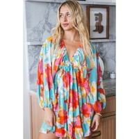 Sky Blue Floral Bracelet Sleeve Empire Waist Mini Dress - L thumbnail
