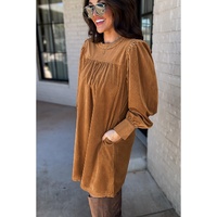 Desert Gold Corduroy Pleated Puff Sleeve Shift Short Dress - L thumbnail
