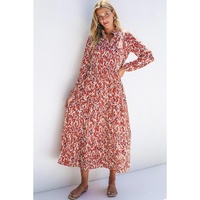 Orange Abstract Print V Neck Pleated High Waist Midi Dress - L thumbnail