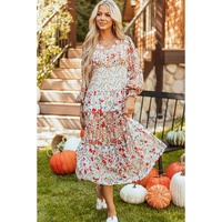 Khaki Floral Print Ruffled Tiered Long Sleeve V Neck Midi Dress - L thumbnail