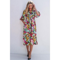 Green Floral Puff Sleeve V Neck Tassel Drawstring Dress - S thumbnail