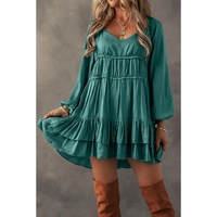 Mist Green Tiered Ruffled Puff Sleeve Loose Fit Mini Dress - M thumbnail