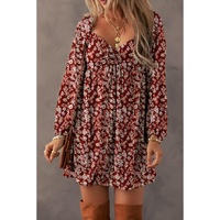 Red Floral Print Sweetheart Neck Shirred Back Mini Dress - S thumbnail