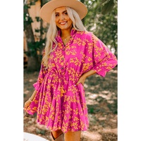 Pink Floral Print Drawstring Tunic Flowy Short Dress - L thumbnail