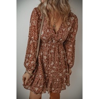 Brown Boho Floral Ruffled Puff Sleeve V Neck Mini Dress - L thumbnail