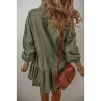 Jungle Green Puff Sleeve Buttoned Tiered Pleated Shirt Mini Dress - L thumbnail