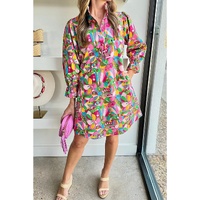 Pink Abstract Printed Lantern Sleeve Buttoned Mini Dress - L thumbnail
