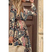 Black Floral Print V Neck Wrap High Waist Maxi Dress - S thumbnail